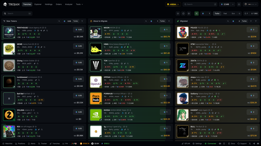 Trojan Trenches - Real-time token discovery interface showing token grid with price, market cap, volume, and holder metrics